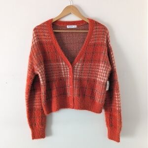 Arizona Jean Co. Cropped Fuzzy Plaid Button Up Orange Cardigan